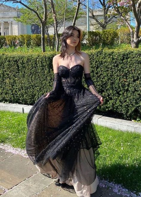 Black Dress Aesthetic Prom, Dress With Arm Gloves, Black Prom Dress Layers, Prom Dress 2023 Black, Red And Black Prom Dress Aesthetic, Prom Strapless Dress Hair Ideas, Vampcore Prom Dress, Edgy Prom Outfit, Sparkly Black Aesthetic