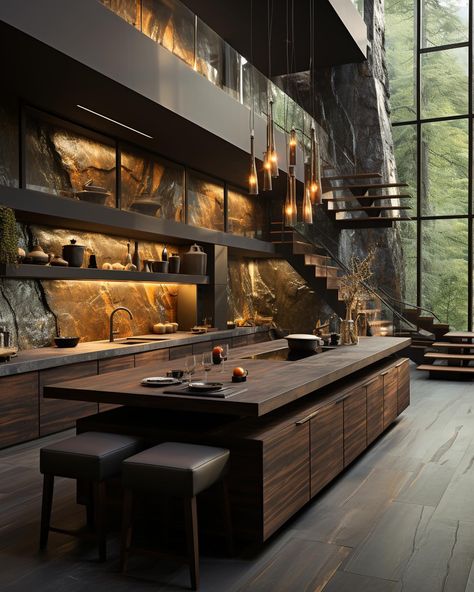 Modern luxury dark aesthetic forest home🖤✨ We design luxury spaces for clients worldwide, find out more on our website, link in bio! #interiordesign #interior Luxury Dark Aesthetic, Dark Kitchen Design, Dark Academia Kitchen, Dark Modern House, Luxury Outdoor Spaces, Earthy Kitchen, Forest Home, Dark Modern, Aesthetic Forest