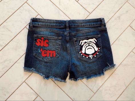 Pink Out Jeans Painted, Senior Jean Shorts Painted, Painted Jeans School Spirit College, Cute Painted Jeans School Spirit, Uga Painted Denim Jacket, College Canvas, Painted Shorts, Rainbow Choker, College Game Days