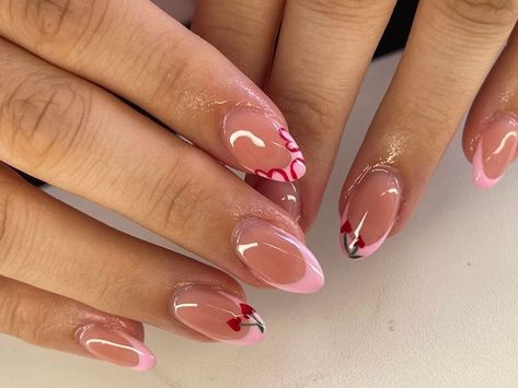 French With Heart Nails, French Nails Rosa, Valentines Pink Nails, Cherry Nails Designs, Cherry French Tip, Point Nails, Nail Enhancements, Cherry Nails, Nail Prep