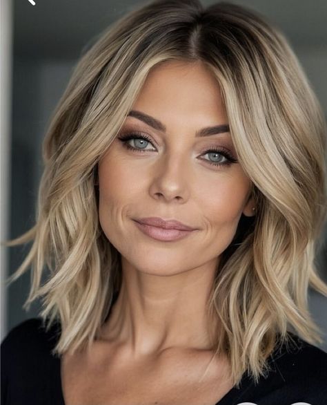 Short Rooty Blonde Hair, Short Dimensional Blonde Hair, Blond Around Face, Short Hair Middle Part Hairstyles, Middle Bob Hairstyles, Shoulder Length Blonde Hairstyles, One Length Hair With Curtain Bangs, 32 Year Old Hair Styles, Short Square Face Haircut