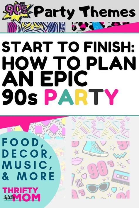 Plan a fun 90s theme party with these DIY ideas for food, decorations, and hip hop music to make your friends sweat to the beat!! Love the easy bunting decor tricks! #partyplanning #decor #themeparty Diy 90s Party, Easy Bunting, 90th Birthday Party Theme, 90s Theme Party Decorations, 90s Party Ideas, Bunting Decor, 90s Party Decorations, Ideas For Food, 90s Theme Party