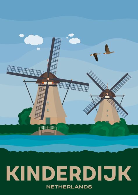 Kinderdijk | Illustrated posters of Places We Have Been To Holland Illustration, Map Of Netherlands, The Netherlands Countryside, Netherlands Poster, Netherlands Windmills, South Holland, Dutch Windmills, Tulip Fields, Netherlands