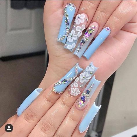 Nails & Beauty Lounge on Instagram: “Sky blue! @nailsandbeautylounge_brandon @the.vanilla.nails #ombrenails…” Nails Blue Flowers, Vanilla Nails, Cinderella Nails, Baby Blue Acrylic Nails, Classy Baddie Nails, Quince Nails, Quinceanera Nails, Classy Baddie, Baby Blue Nails