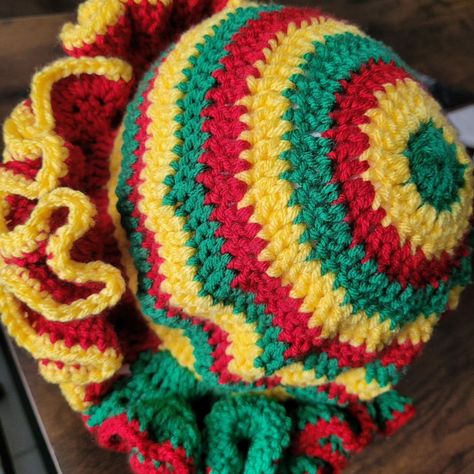 #Rasta #colors #crochet #ruffle #hat #red #green #yellow with color accents on brim Rasta Hats Crochet, Crochet Ruffle Hat, Ruffle Hat, Hats Crochet, Rasta Colors, Crochet Ruffle, Color Accents, Red Green Yellow, Accent Colors