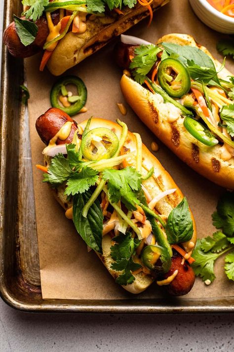 Banh Mi Hot Dog, Bahn Mi Hot Dog, Turkey Hot Dogs, Elevated Hot Dogs, Fancy Hot Dogs, Spicy Hot Dog, Hot Dogs Grilled, Bbq Hot Dogs, Hotdogs Recipes