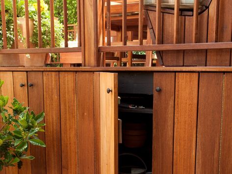 How to Build Storage Under Your Deck Under Deck Storage, Deck Skirting, Under Deck, Pool Deck Plans, Porch Storage, Raised Deck, Build A Frame, Deck Storage, Deck Posts