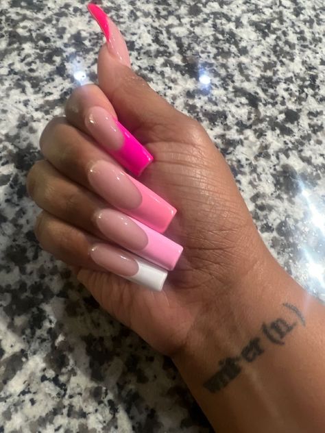 2 Short Nails 3 Long, Pink Monochrome French Tip Nails, Different Pink French Tip Nails, Different Shades Of Pink Nails French, Medium Pink French Tip Nails, Light Pink Square Acrylic Nails, Different Colour French Tips, Pink French Tip Long, Pink And White French Tip Nails