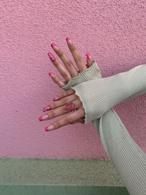 Pink, nails, nail design, nails inspo, French tip, dollar sign,ring, hands, beautiful hands Dollar Nails Designs, Dollar Nails, Pink French Nails, Super Cute Nails, Pink French, French Nail Designs, French Nail, Dollar Sign, French Nails