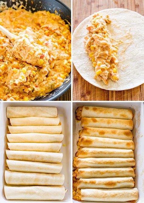 Baked Creamy Cheesy Chicken Flautas with Guacamole Dinners With Guacamole, Tortilla Meals, Flautas Recipe, Mexican Casseroles, Creamy Cheesy Chicken, Chicken Flautas, Mexican Side, Food Shoot, Tacos Recipes