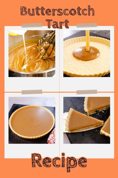 This contains: 4 images of the making of butterscotch tart whisking butter and sugar, pouring filling into tart case, final tart and a slice cut out. Butterscotch Tart Recipes, School Desserts, Butterscotch Tart, Old School Desserts, Fun Rice Krispie Treats, How To Make Toffee, Homemade Toffee, The Best Dessert, Pastry Tart