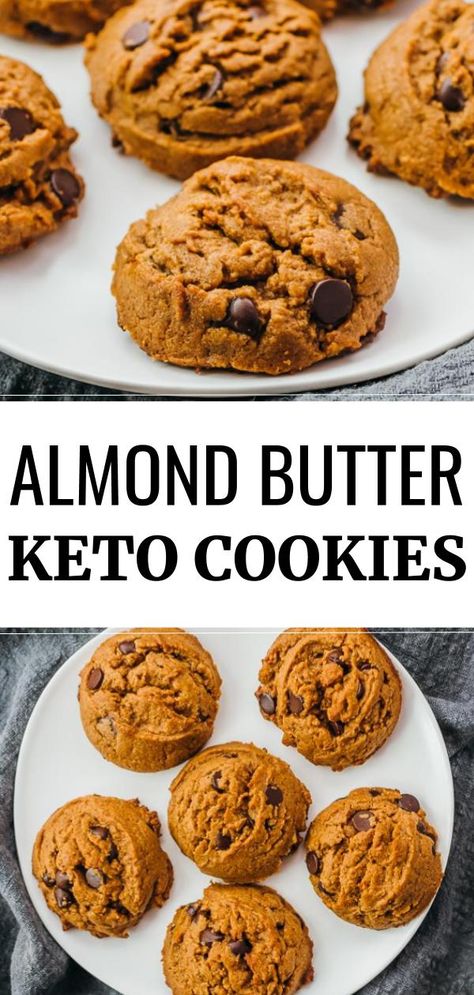 Flourless with only 6 ingredients, this keto almond butter cookies recipe with chocolate chips is simple and easy to make, and stores well at room temperature. Chewy and soft on the inside and cakey on the outside, this healthy dessert can be served to anyone on a low carb, gluten free, or paleo diet. No sugar used. #lowcarb #keto #glutenfree #paleo Keto Almond Butter Cookies, Almond Butter Keto, Recipe With Chocolate Chips, Almond Butter Cookie Recipe, Keto Kickstart, Sweet Board, Low Carb Gluten Free Recipes, Keto Cookie Recipes, Almond Butter Cookies