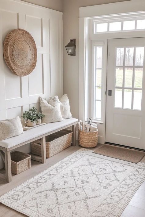 "Elevate your entrance with the clean lines and natural beauty of a Minimalist Scandinavian Entryway! 🚪🍃 Perfect for creating a stylish and functional space. 🌟✨ #EntrywayDecor #ScandinavianStyle #MinimalistHome" Farmhouse Chic Entryway, Bench Front Entryway, Entryway In Living Room, Front Entryway Ideas, Scandinavian Entryway, Entryway Bench Ideas, Organized Ideas, Foyer Bench, Foyer Ideas Entryway