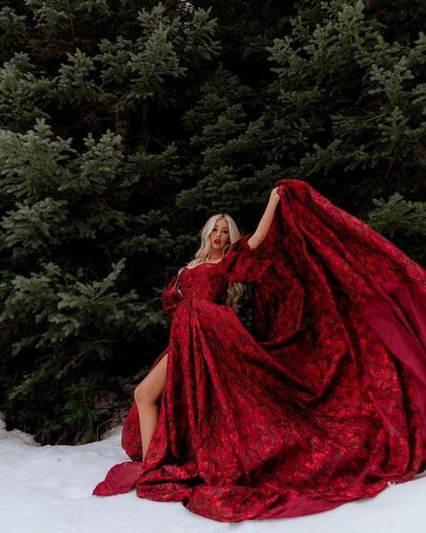 Red Dress In Snow, Winter Photoshoot Dress, Winter Fairytale Photoshoot, Red Dress Maternity Shoot, Fashion Shoot Ideas, Suade Dress, Snow Goddess, Winter Portraits Photography, Winter Snow Photography