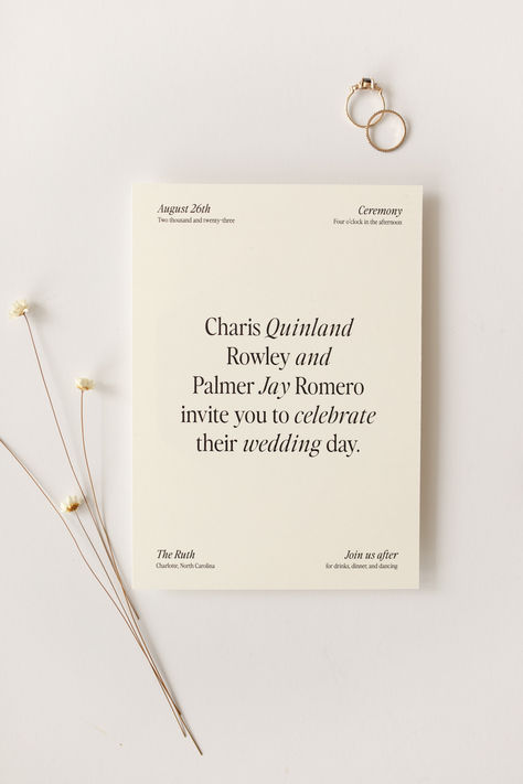 This modern and simplistic design is understated, yet timeless. Tied & Two provides luxury paper products at an attainable price point for every ocassion, we cater to the widest range of engaged couples local to the Charlotte and Augusta areas as well as nationwide. High End Invitation Design, Wedding Invite Elegant, Wedding Invitations Typography, Invitation Graphic Design, Wedding Puglia, Clothes Branding, Invitation Typography, Asian Wedding Decor, Wedding Invitation Simple