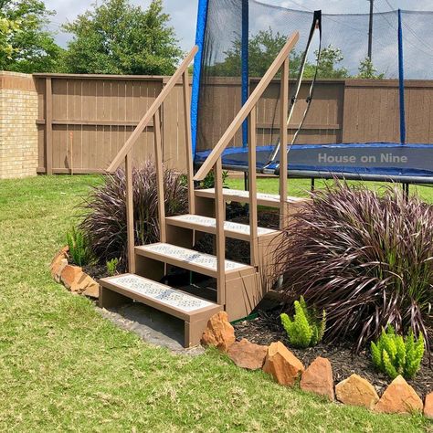 Stairs For Trampoline, Diy Trampoline Stairs, Trampoline Play Area, Trampoline Stairs Diy, Small Backyard With Trampoline, Trampoline Steps Diy, Under Trampoline Landscaping, Trampoline Area Ideas Backyards, Trampoline Ideas Landscapes