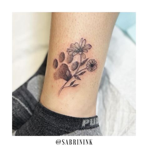 Paw print with daisies that I did for mom and daughter 🐾🌼 #paw #pawprint #pawprinttattoo #pawtattoo #delicatetattoo #yyc #yyctattoos #yyctattoo #calgarytattoo Daisy Tattoo Paw Print, Paw Print Placement Tattoo, Paw Print Tattoo Dog Daisy, Actual Dog Paw Print Tattoo, Dog Paw Tattoo With Letter, Butterfly And Paw Print Tattoo, Dog Print Flower Tattoo, Flower Bouquet With Dog Paw Tattoo, Paw Print Dog Tattoo