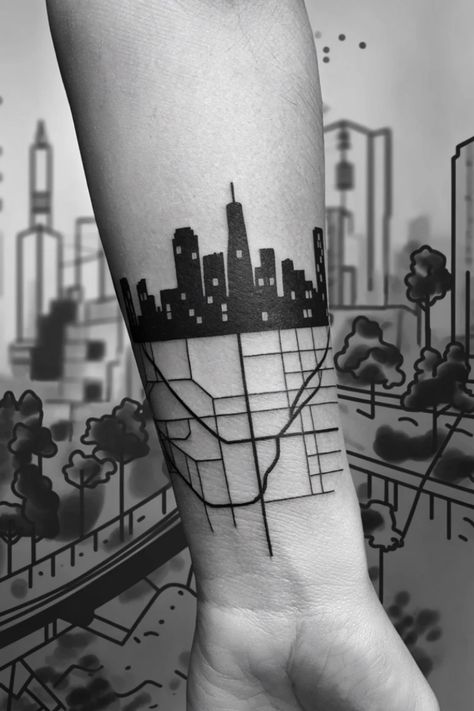 Forearm tattoo of a city skyline and street map. Washington Dc Tattoo Ideas, Philadelphia Tattoo Ideas, Washington Dc Tattoo, Philadelphia Tattoo, Tattoo Ideas For Females, Female Tattoo Ideas, Map Tattoo, Unique Wrist Tattoos, Globe Map