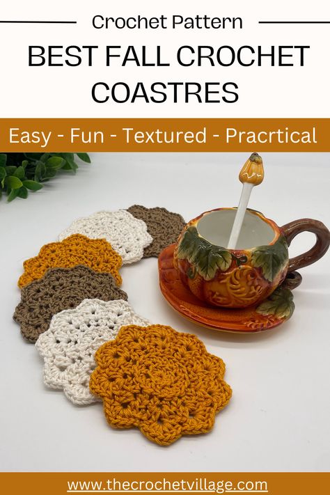 A cup with six crochet coasters in fall colors Holiday Crochet Coasters, Crochet Fall Coasters, Kitchen Crochet Patterns, Crochet Coasters Pattern, Fall Coasters, Craft Mirror, Circle Coasters, Crochet Fall Decor, Coasters Pattern