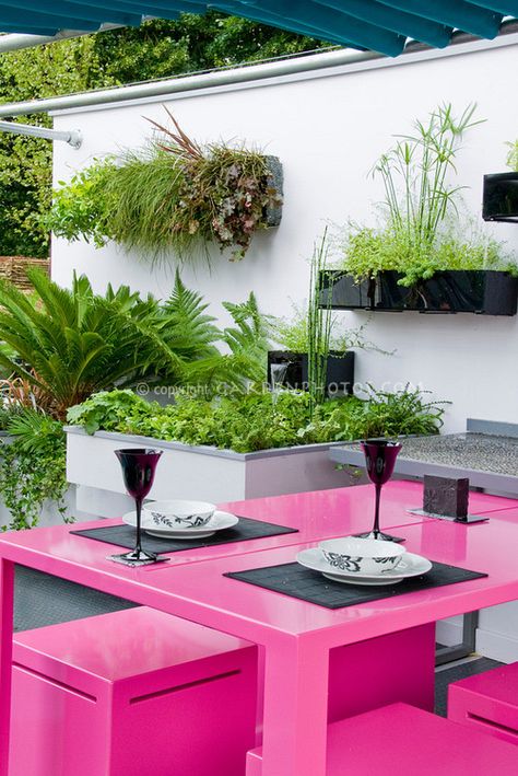 nice vertical garden elements and love the Pink Patio Furniture! Pink Outdoor Furniture, Contemporary Patio Furniture, Modern Patio Design, Pink Furniture, Outdoor Dining Room, Flower Stock, Outdoor Tables And Chairs, Planter Table, Pink Plant