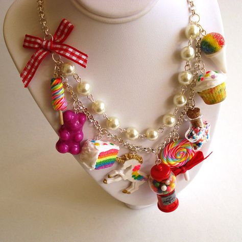 Statement Necklace Kawaii Rainbow Candy Shop by FatallyFeminine Candy Fashion, Rainbow Lollipops, Kawaii Stationary, Kawaii Rainbow, Couture Necklace, Diamond Initial Necklace, Rainbow Candy, Candy Jewelry, Gumball Machine