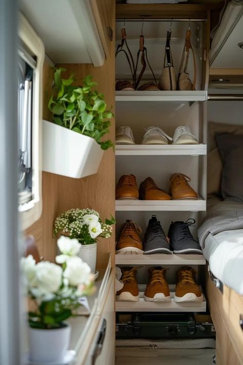 RV Shoe Storage Ideas for Space-Saving Magic Camper Shoe Storage, Rv Shoe Storage Ideas, Rv Shoe Storage, Shoe Storage Ideas, Hanging Shoe Rack, Shoe Hanger, Camping Shoes, Hanging Shoe Organizer, Shoe Storage Solutions