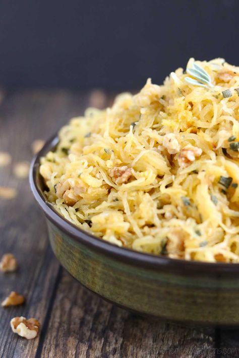 This fantastic recipe for Microwave Spaghetti Squash is easy enough for weeknights, but impressive enough for Thanksgiving dinner and holiday buffets! Rich browned butter with crunchy, toasted walnuts and fragrant sage - amazing! With just 5 ingredients, this easy spaghetti squash recipe is a total snap – yet surprisingly, satisfyingly delicious! Lots of easy tips, too – toasting nuts, browning butter, cooking spaghetti squash perfectly, and stuffed spaghetti squash! | www.TwoHealthyKitchens... Microwave Spaghetti Squash, Microwave Spaghetti, Butter Squash Recipe, Spaghetti Squash Microwave, Healthy Microwave Meals, Thanksgiving Vegetables Side Dishes, Thanksgiving Vegetable Sides, Easy Spaghetti Squash, Spaghetti Squash Recipes Easy