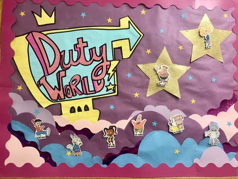 On Duty board idea Duty World Fairly Oddparents Nickelodeon resident assistant residence life RA ResLife Nickelodeon Door Decs, Nickelodeon Classroom Theme, Nickelodeon Bulletin Board, Ra Duty Board Ideas, Ra Duty Board, Ra Hallway Themes, On Duty Board, Ra Program Ideas, Resident Assistant Boards