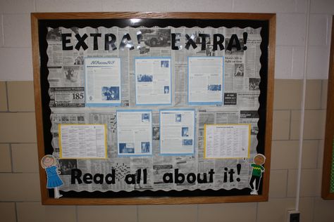 newspaper as background for bulletin board News Board Classroom, School News Bulletin Board Ideas, Newspaper Classroom Theme, Newspaper Bulletin Board Ideas, News Bulletin Board Ideas, Class News Bulletin Board, Newspaper Bulletin Board, School Newspaper Ideas, Newspaper Article Display