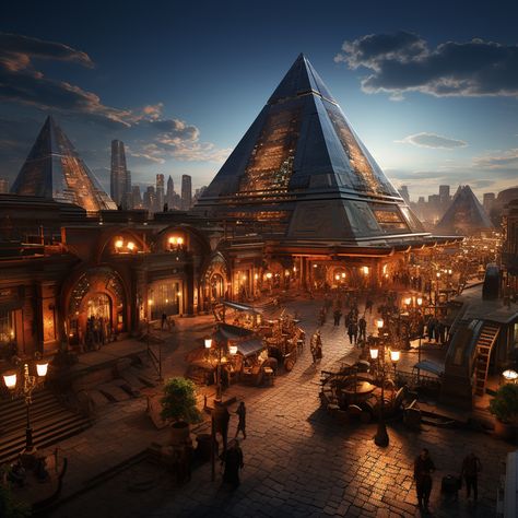 A futuristic cityscape in Egypt in 2050. The city is a blend of ancient and modern architecture, with pyramids and obelisks standing alongside skyscrapers and gleaming glass buildings. The streets are bustling with activity, filled with people from all over the world. The air is filled with the sounds of music, laughter, and commerce. In the distance, the pyramids loom large, a reminder of Egypt's rich history. But this is not a city stuck in the past. It is a thriving metropolis, Egyptian City Art, Fantasy Egyptian City, Egypt Futuristic, Ancient Egypt City, Fantasy Egypt, Egypt City, Ancient Egypt Architecture, Sounds Of Music, Ancient Egyptian Cities