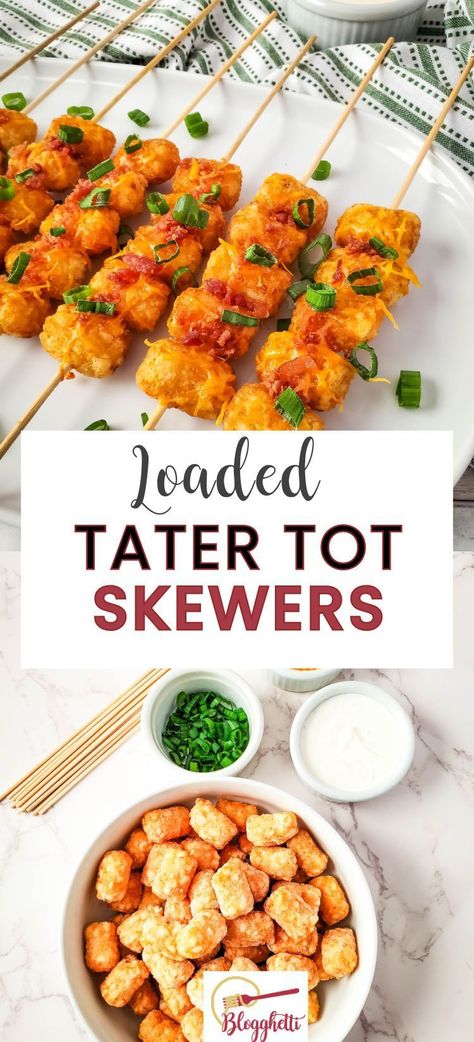 These Loaded Tater Tot Skewers are so easy to make and are the perfect appetizer for parties, game days, and so much more. Crispy on the outside, soft on the inside, and topped with all the favorite potato toppings. Tater Tot Skewers Appetizers, Tostitos Scoops Appetizers, Lavender Drinks, Tater Tot Skewers, Appetizer Night, Tater Tot Appetizers, Loaded Tater Tot, Loaded Tater Tots, Tater Tot Recipes