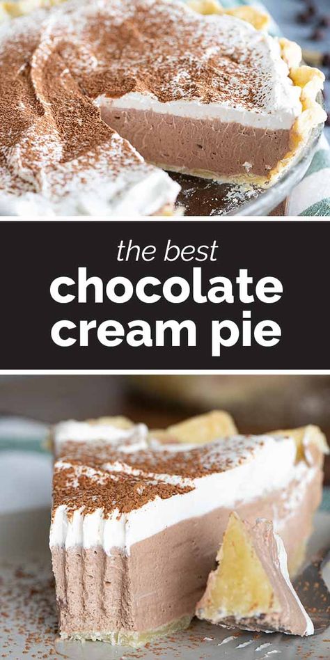 Rich, creamy and silky, this Chocolate Cream Pie is a chocolate lovers dream! A creamy chocolate filling is topped with whipped cream in this easy, crowd pleasing pie. #recipe #pie #chocolate #chocolatepie The Best Chocolate Cream Pie, Best Chocolate Cream Pie Recipe, Frozen Chocolate Cream Pie, Milk Chocolate Cream Pie, Creamy Chocolate Pie, Chocolate Pie With Chocolate Chips, Creme Pies Recipe, Cream Pie Filling Recipes, Milk Chocolate Pie Recipe