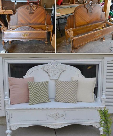 transform a beat up or outdated headboard into a beautiful bench for your porch, garden, or indoor space. How To Make A Daybed From A Headboard, Upcycling Headboards, Headboard Craft Ideas, Headboard Transformation Ideas, Wooden Headboard Repurpose, Bed Made Into Bench, Bed Turned Into Bench, What To Do With Old Headboards, Refurbished Headboard Ideas