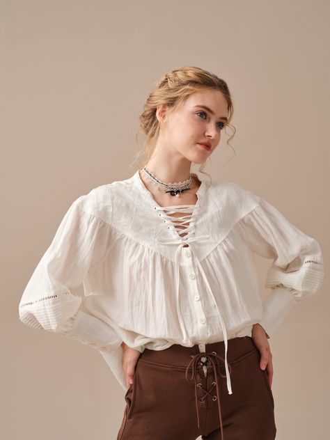 Blouse Puff Sleeve, Victorian Shirt, Tranquil Garden, Lace Up Blouse, White Linen Blouse, Victorian Blouse, Plus Size Shirt, Blouse Lace, Blouse Plus Size