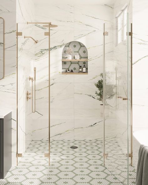 We take shower tile very seriously! Swipe through to see some of our favorite designs and let us know which one catches your eye—1, 2, 3, or 4? Leave a comment below with your favorite! 1. Emporio Calacatta Green with Santorini Green & White Petals floor and niche 2. Panorama White Marbled Peak porcelain tile walls with Emporio Calacatta Gold porcelain mosaic floor 3. Sultana Celeste Green walls with Sultana Stella Crema floor tiles 4. Panorama Birch Grove porcelain tiles with Emporio Si... Large Panel Shower Tiles, Extra Large Bathroom Tiles, Large Scale Bathroom Tile, Large Tile Bathroom Wall, Large Marble Tile Shower Walls, Beautiful Bathrooms Master Baths, Large Format Shower Tile, Bathroom Flooring Ideas Tile, Large Shower Tile Ideas