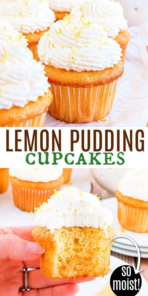 Lemon Pudding Cupcakes, Lemon Whipped Cream Frosting, Easy Lemon Pudding, Lemon Filled Cupcakes, Lemon Pudding Recipes, Lemon Whipped Cream, Lemon Cupcake Recipe, Pudding Cupcakes, Lemonade Cupcakes