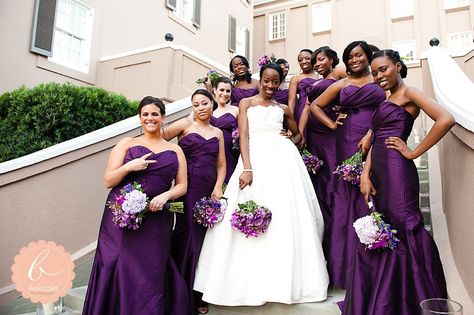 Deep Purple Bridesmaid Dresses, Dress Style Ideas, Colorful Bridesmaids, Bridesmaid Dress Trends, Purple Bridesmaid Dress, Purple Wedding Theme, Bridesmaid Ideas, African American Weddings, Mermaid Bridesmaid