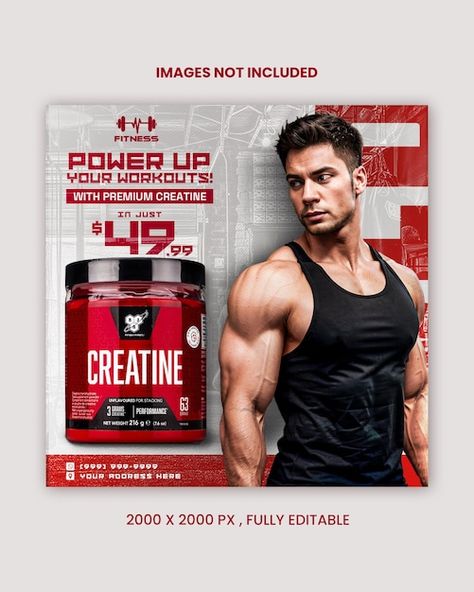 Gym and fitness protein and creatine pro... | Premium Psd #Freepik #psd #poster #post #gym #flyer Protein Ads, Protein Design, Ad Poster Design, Gym Ads, Sport Ads, Gym Protein, Gym Flyer, Product Flyer, Gym Supplements