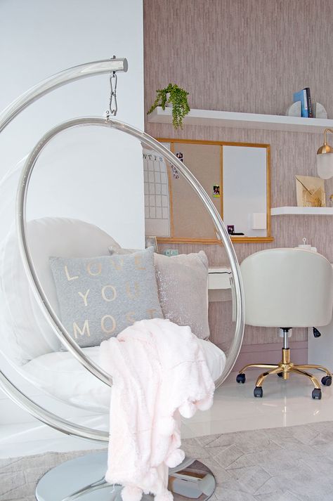 Dreamy Girls Bedroom, Idea Bilik Tidur, Reka Bentuk Bilik Tidur, Study Wall, Bubble Chair, Hiasan Bilik Tidur, Desk Area, Bedroom Decor For Teen Girls, Cute Bedroom Ideas