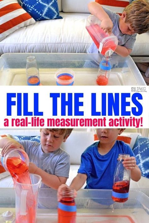 Measurement -- students fill different containers to a taped line using liquids and sand. This is also a sensory activity. Water Activities Preschool, Capacity Activities, Water Activities For Kids, Water Play Table, Teaching Measurement, Water Play Activities, Literacy Activities Preschool, Pouring Water, Measurement Activities