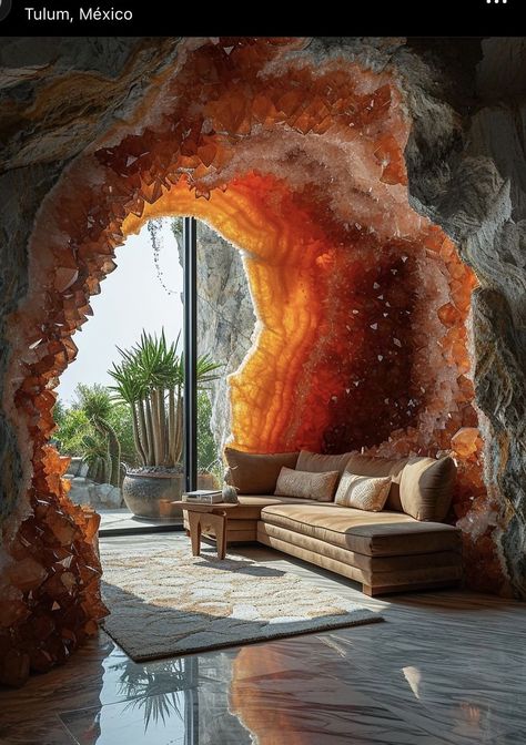 Crystals Interior Design, Meadery Design, Large Crystals Home Decor, Cool Home Ideas, Huge Crystals In Home, Luxury Healing Gemstone Geodes, Cave Room, Luxury Spiritual Amethyst Geodes, Crystals In The Home