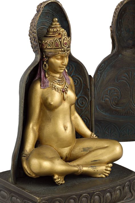 This Viennese bronze figurine by the sculptor Franz Bergmann is hiding a  naughty secret inside. The highly detailed piece depicts a Buddha  seated upon a lotus throne on its exterior, but opens to reveal a figure  of a bejeweled female nude seated in meditation. Crafted of cold-painted bronze, this is an excellent example of Bergmann's mastery of the erotic art. ~ Nude Art, Late 19th Century Bronze, Early 20th Century Bronze ~ M.S. Rau Antiques Ancient Female Sculpture, Small Bronze Sculptures, Bronze Bust Sculpture, Bronze Sculpture Contemporary, Statues For Sale, Art Deco Sculpture Woman Bronze, Bronze Figurine, Art Sculptures, Sculptures & Statues