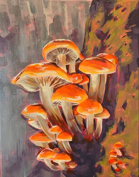 Guache Paintings Mushroom, Creative Mushroom Art, Mushroom Painting Realistic, Oil Pastel Mushroom Drawing, Acrylic Paint Mushroom, Mushroom Window Painting, Colorful Mushroom Painting, Mushrooms Acrylic Painting, Colorful Mushroom Drawing