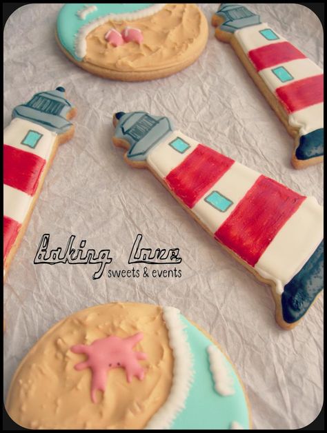 Lighthouse Cookies Decorated, Land Of Lakes Sugar Cookies, Sailing Cookies Decorated, Lighthouse Cookies, Nautical Theme Cookies, Marine Cookies, Hello Lighthouse, Sand Castle Cookies Decorated, Ocean Cookies