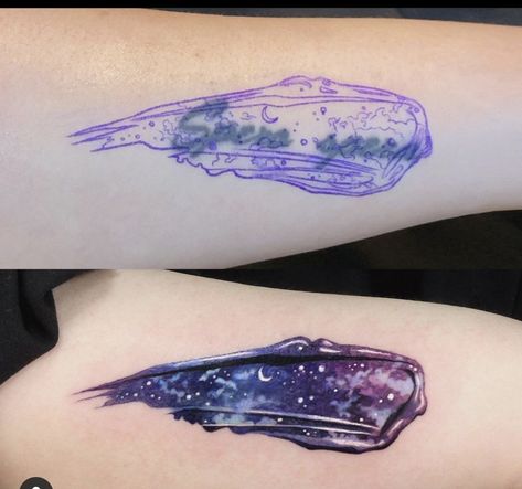 Watercolour Galaxy Tattoo, Watercolor Night Sky Tattoo, Color Galaxy Tattoo, Paint Smear Tattoo, Space Cover Up Tattoo, Purple Watercolor Tattoo, Cosmic Tattoo Galaxies, Coverup Tattoo Ideas For Women, Chest Cover Up Tattoo