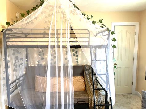 Cottagecore loft bed Canopy On Loft Bed, Cottagecore Loft Bedroom, Cottage Core Loft Bed, Cottagecore Loft Bed, Aesthetic Room Loft Bed, Korean Loft Bed, Aesthetic Room Storage, Aesthetic Loft Bed, Aesthetic Room Indie