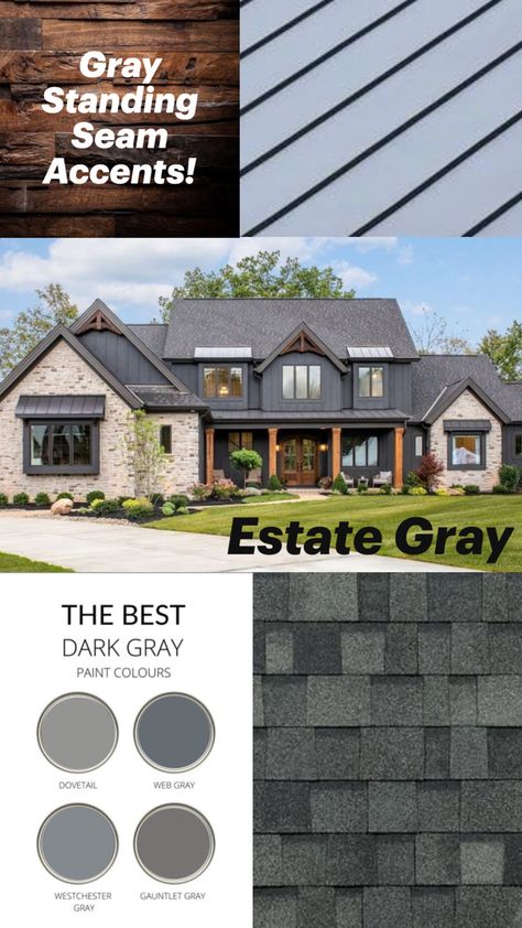 Estate Gray Shingles, Dark Gray Paint Colors, Gauntlet Gray, Dark Grey Paint, Shingle Colors, Garage Makeover, Grey Paint Colors, Standing Seam, Roof Shingles