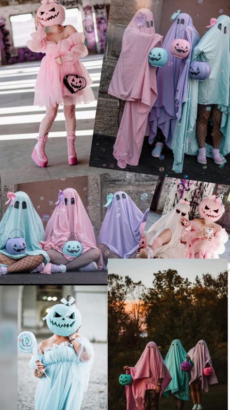 Pumpkin Ghost Costume, Pastel Halloween Costume Ideas, Ghost Bff Photoshoot, Pastel Halloween Photoshoot, Girly Ghost Photoshoot, Mommy And Me Halloween Photo Shoot, Pastel Ghost Photoshoot, Ghost Friends Photoshoot, Extra Halloween Costumes