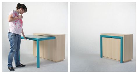 By Spanish designer Attua Aparicio Torinos. Posting from designklub.blogspot.com Pullout Desk, Apartemen Studio, Kitchen Ikea, Colour Splash, 광고 디자인, Casa Vintage, Small Space Solutions, Tiny Spaces, Smart Furniture