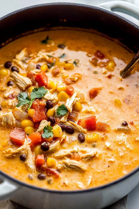 Creamy Chicken Taco Soup Chicken Taco Soup Instapot, Keto Chicken Taco Soup Recipes, 5 Can Taco Soup Recipe, Couscous Chicken Soup, Chicken Taco Soup With Cream Cheese, Mexican Chicken Soups, Taco Soup Recipe Chicken, Ground Chicken Soup Recipes, Creamy Taco Soup Recipe